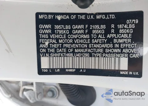 2020 Honda Civic Ex z USA, uszkodzony, nr VIN SHHFK7H68LU401290